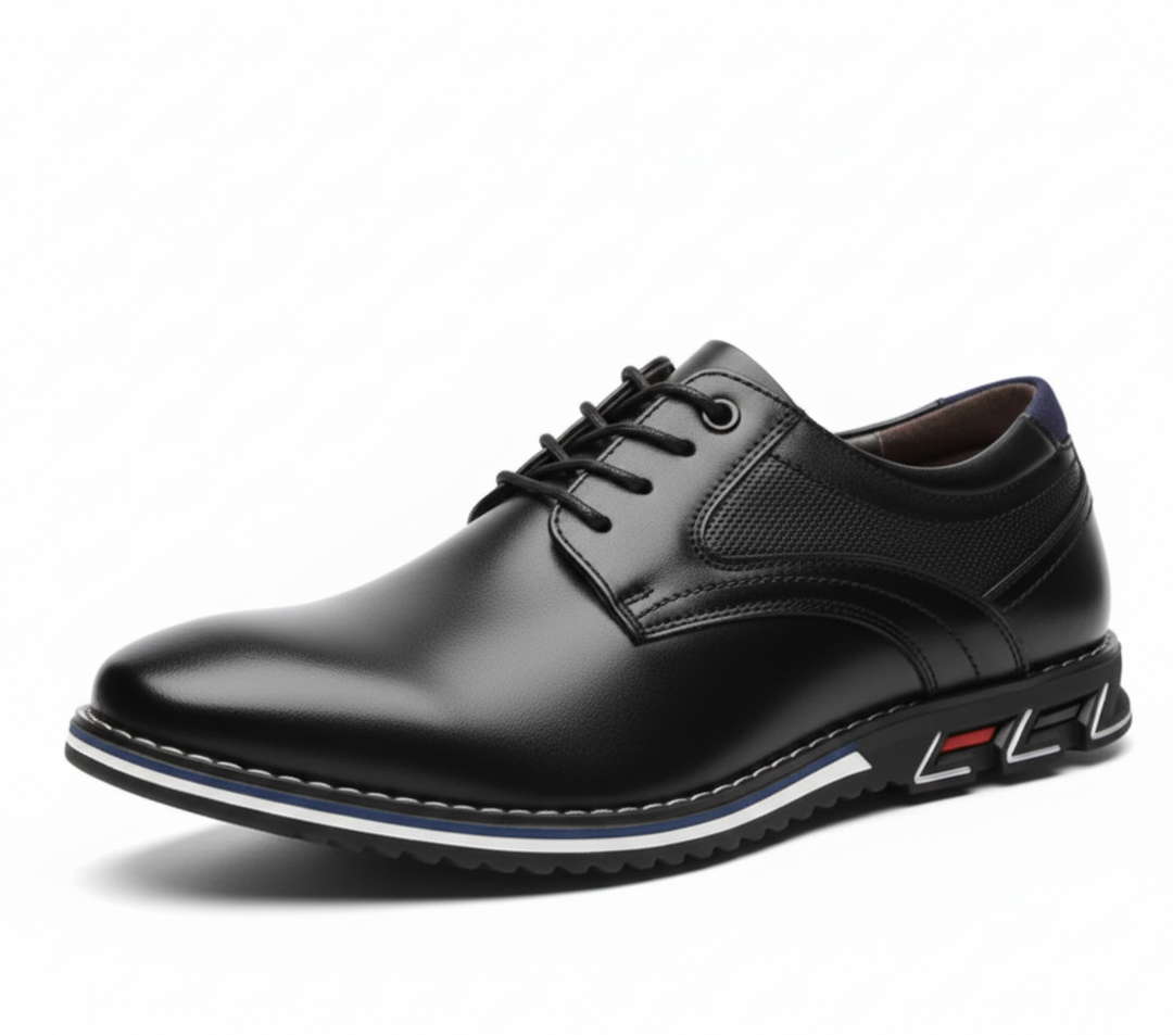 Elegant men's black leather oxford shoes, full view, showcasing quality craftsmanship and style.