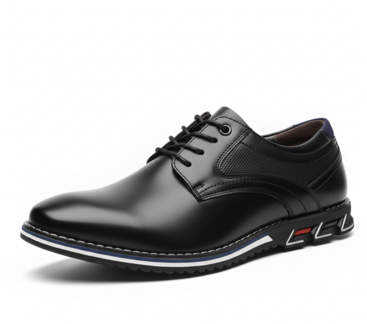 Elegant men's black leather oxford shoes, full view, showcasing quality craftsmanship and style.