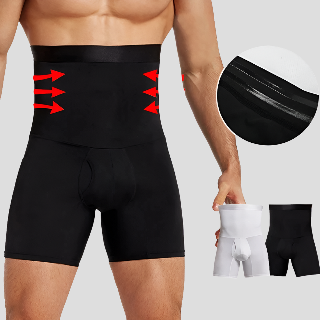 Men's black compression pants offering thigh & waist support for athletic performance & muscle recovery.