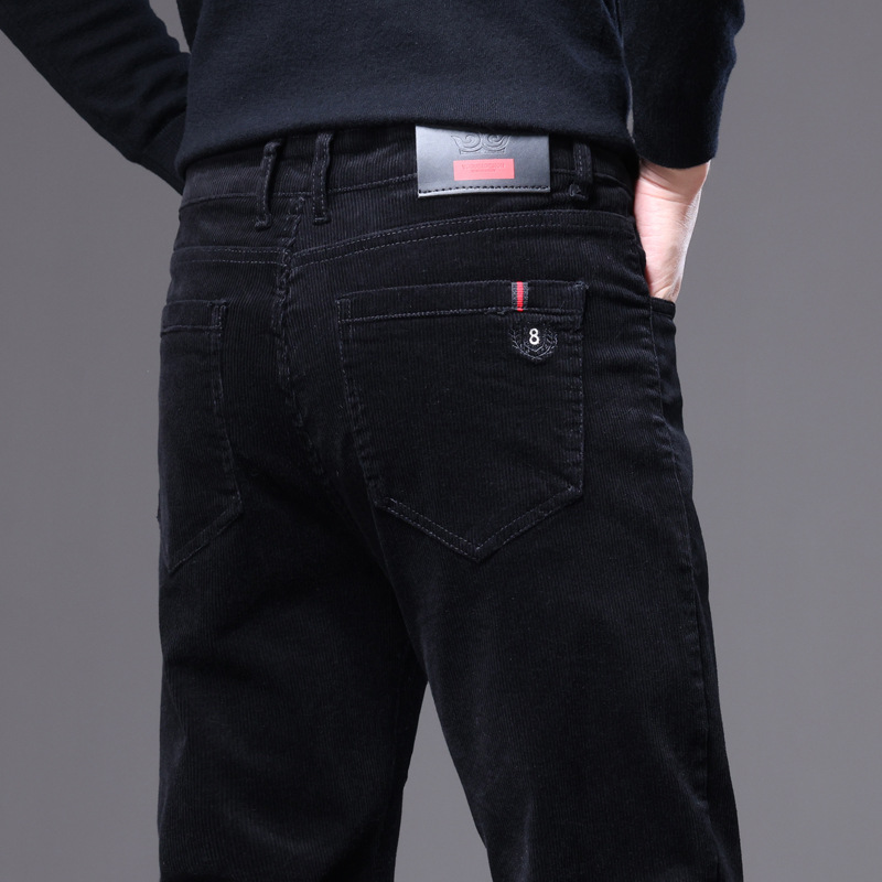Men's black corduroy tailored trousers, perfect for smart casual or formal occasions. Comfortable & stylish.