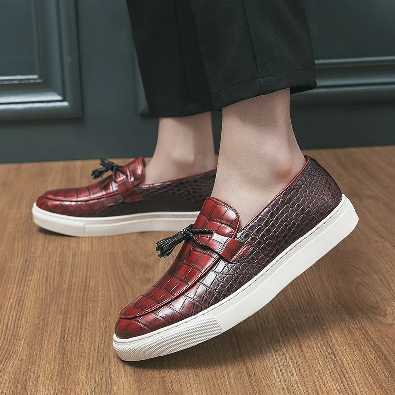 Men's luxury slip-on shoes: croc embossed leather tassel loafers in a dark shade