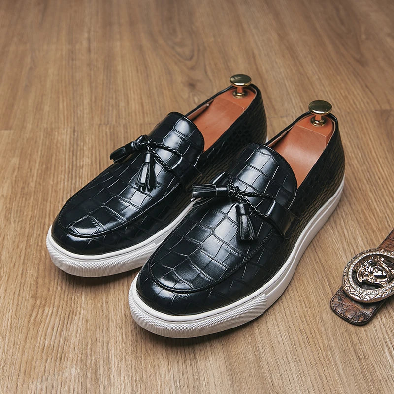 Men's formal yet fashionable croc embossed leather tassel loafers for sophisticated style