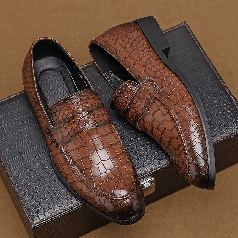 Men's black crocodile embossed leather loafers, stylish slip-on dress shoes