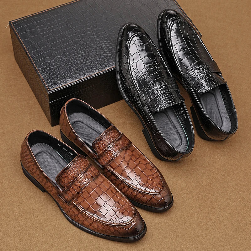 Men's versatile crocodile embossed leather loafers, suitable for various formal styles