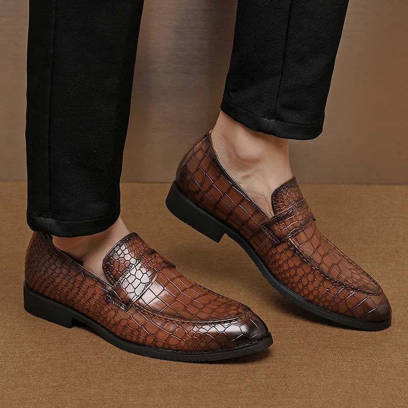 Stylish men's black crocodile embossed leather loafers, ideal for office or formal events