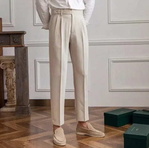 Men's black cropped suit trousers, tailored fit, polyblend for formal or casual wear.