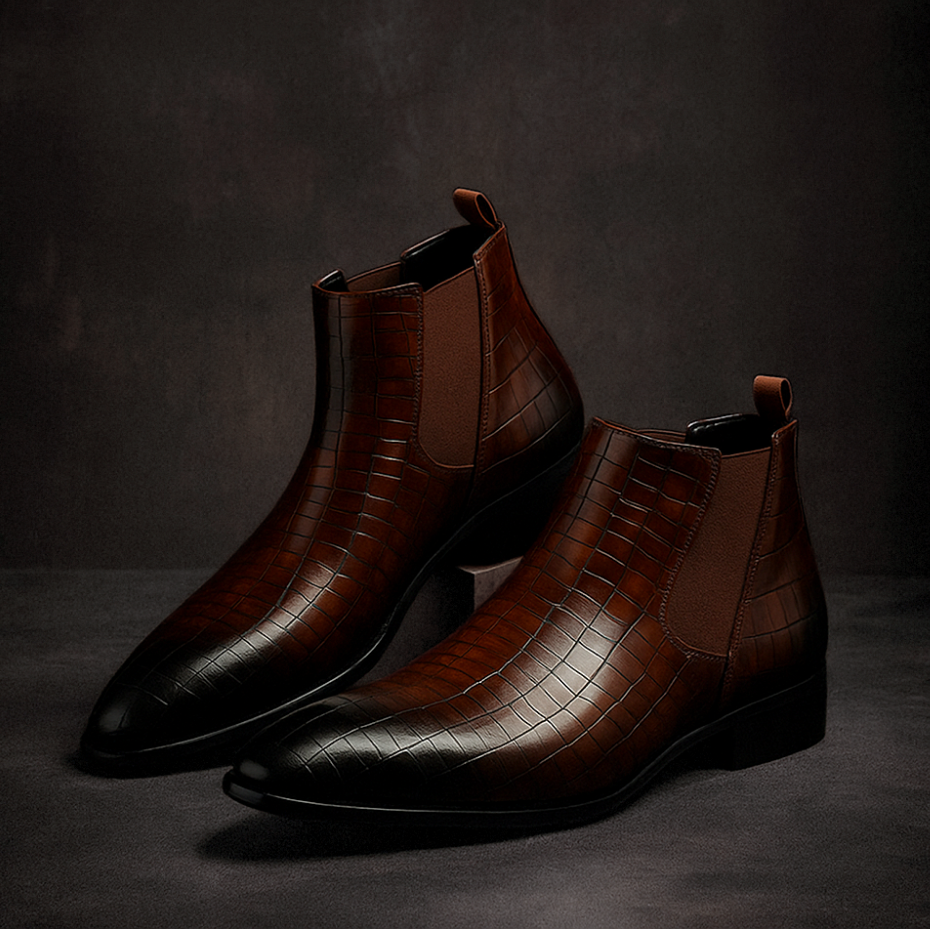 Close-up of men's faux alligator texture Chelsea boots, showcasing detailed reptilian pattern.
