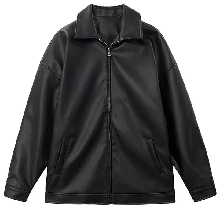 Stylish men's brown faux leather bomber jacket with ribbed cuffs and hem, side view