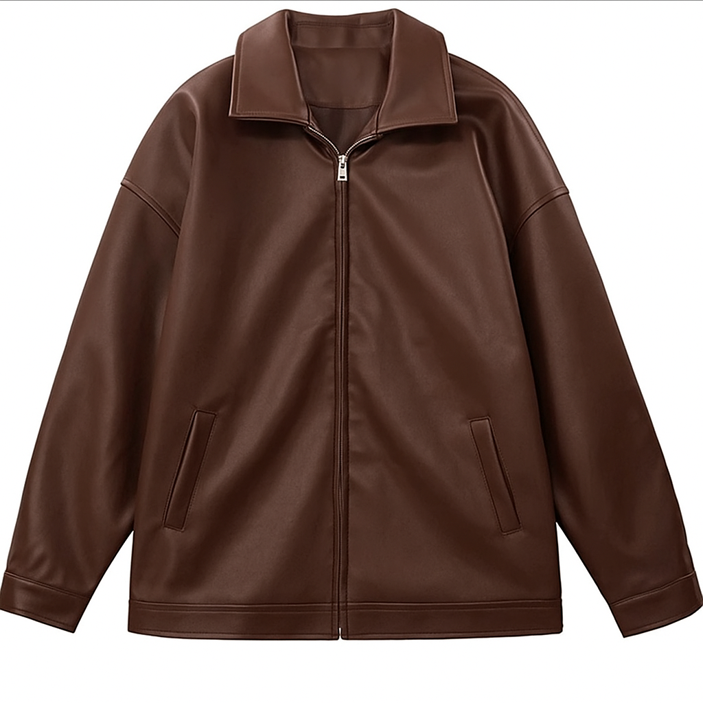 Men's casual brown faux leather bomber jacket, worn by a model, showcasing fit and style