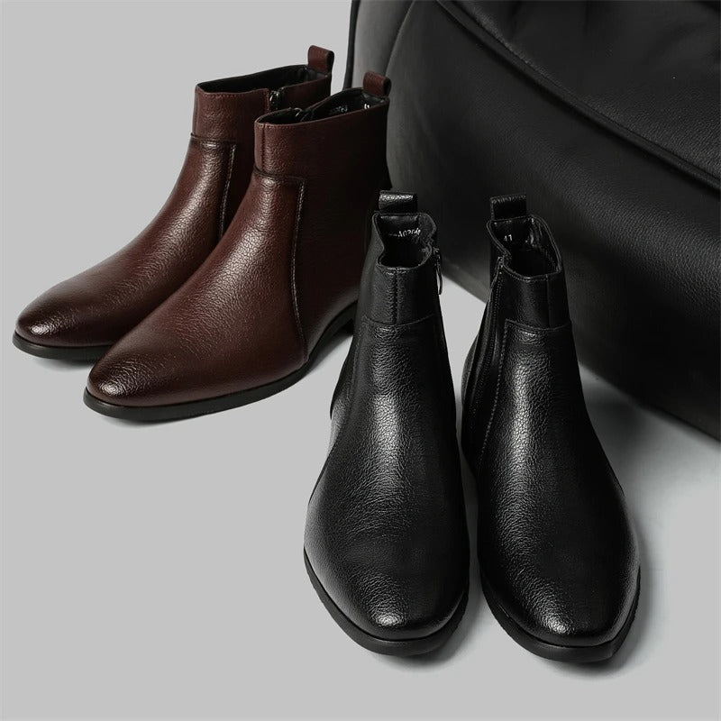 Elegant pointed toe men's leather ankle boots, designed with a practical side zipper for easy wear