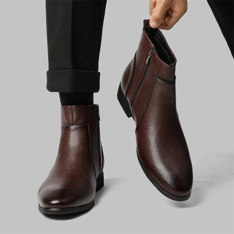 Men's formal leather ankle boots with a prominent side zipper, suitable for office and evening wear