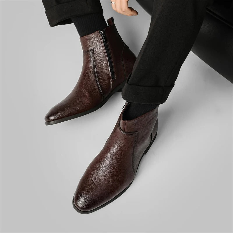 High-quality men's black leather ankle boots with side zipper, durable and stylish men's footwear
