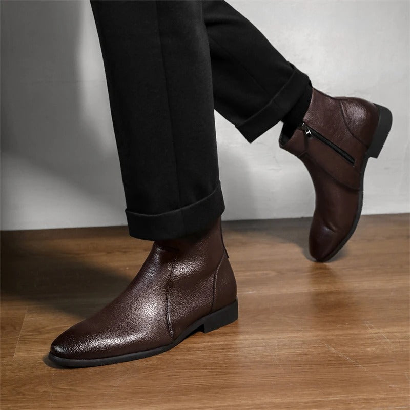 Fashionable men's dress leather ankle boots, featuring an easy-to-use side zipper and pointed toe