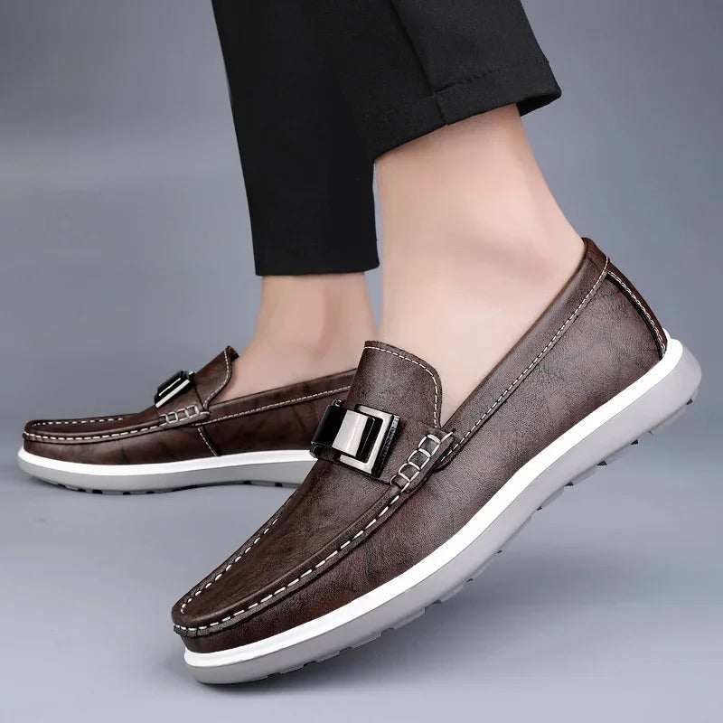 Gray leather loafers for men, comfortable slip-on shoes, versatile casual footwear.
