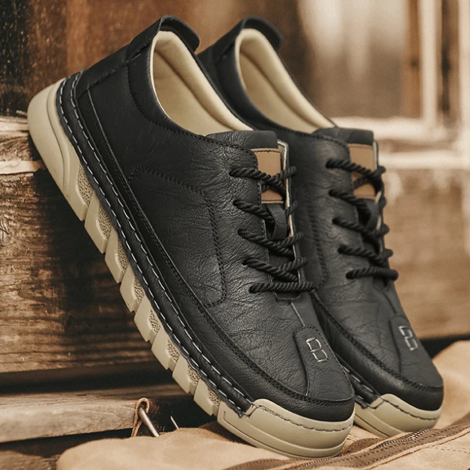 Close-up of men's versatile tan leather shoes, showcasing quality and fine stitching
