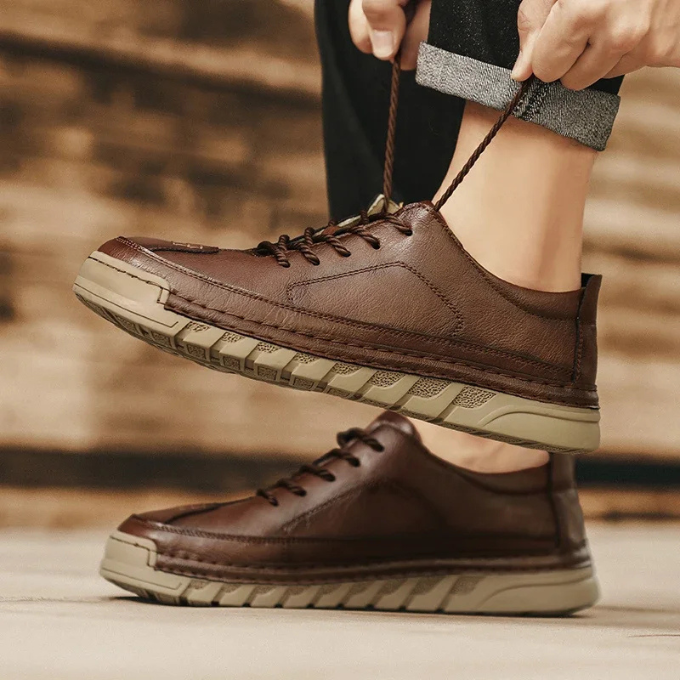 Three-quarter view of men's comfortable brown leather smart casual shoes, everyday footwear