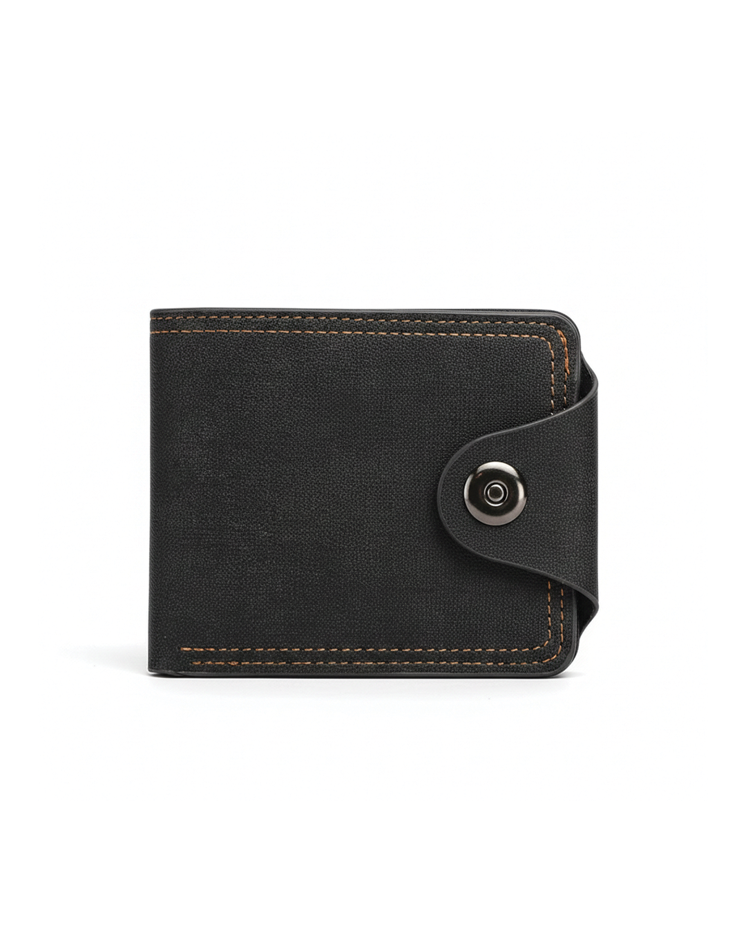Men's black leather wallet with secure snap closure, slim design for everyday carry