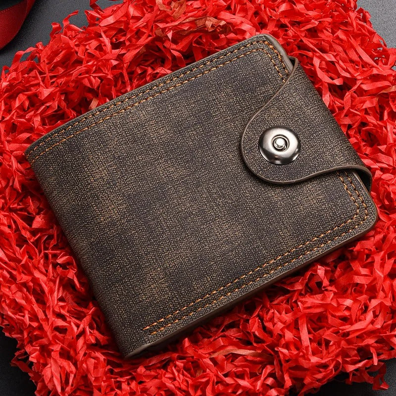 Side profile of a slim men's card holder wallet with a robust snap