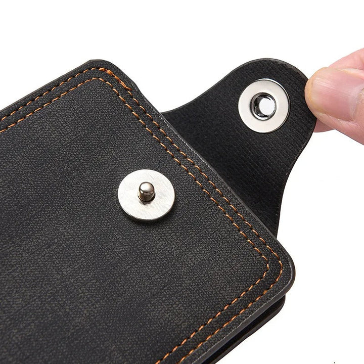 Close-up of the secure snap closure on a men's black leather wallet