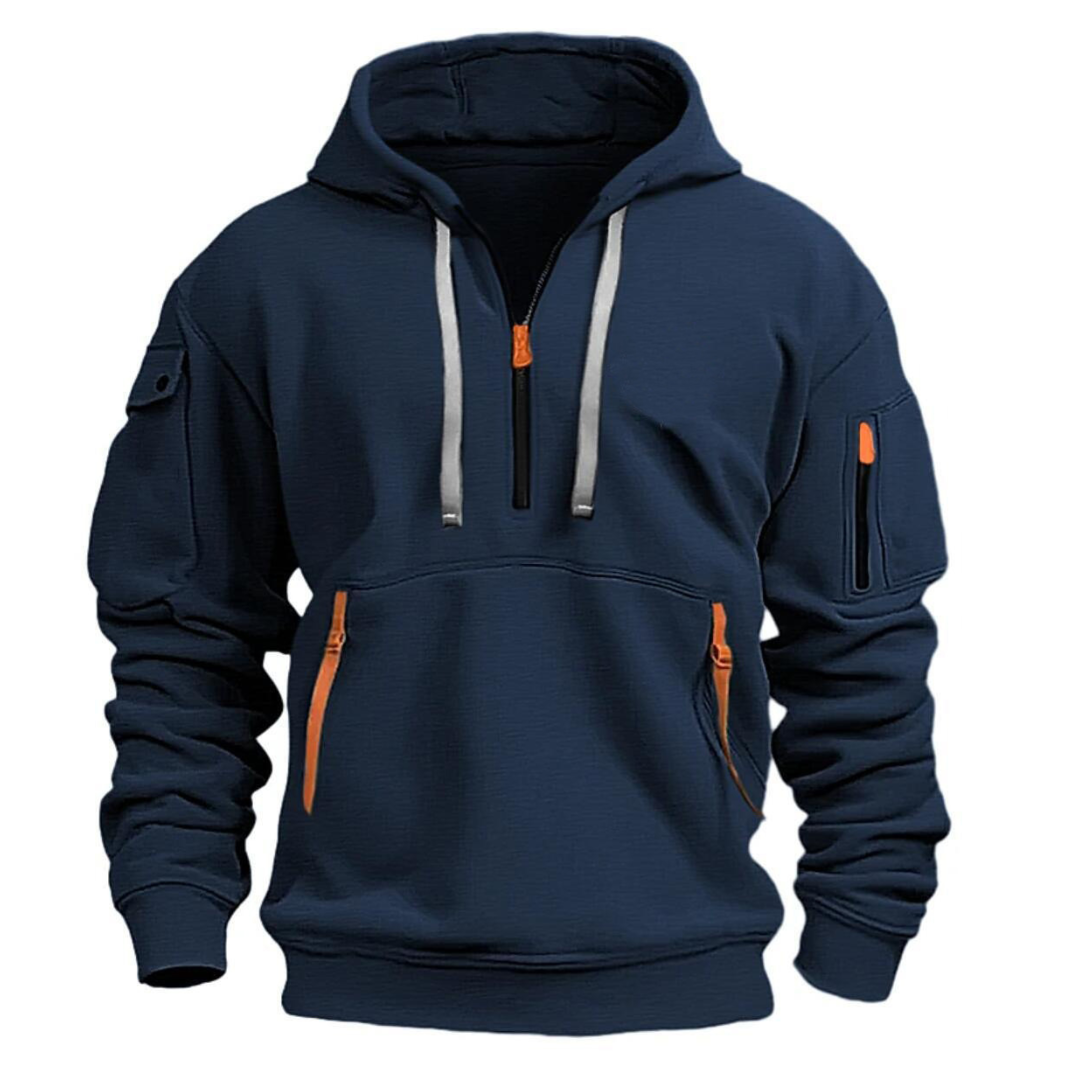 Men's black long sleeve utility pocket hoodie with large front zipper for urban casual wear