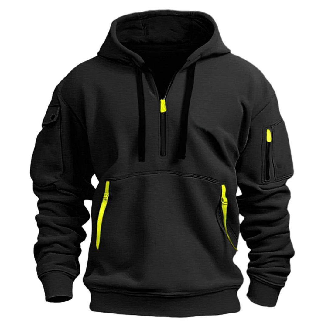 Close-up of a men's long sleeve hoodie showing a detailed utility pocket and robust zipper
