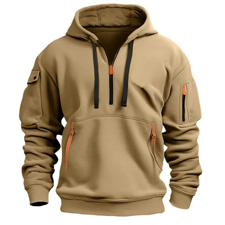 Men's fashion shot: model wearing a long sleeve utility pocket hoodie, ideal for urban style