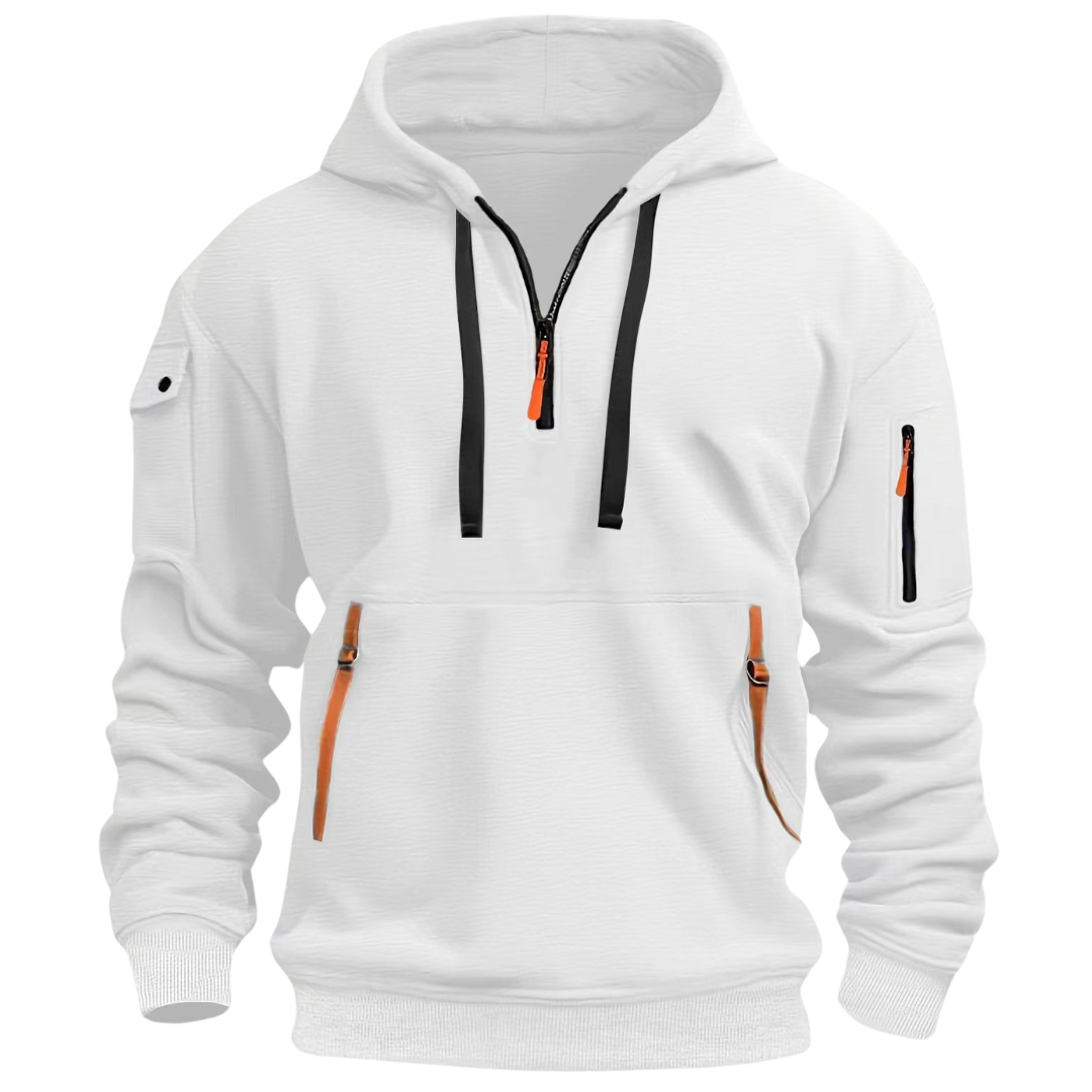 Front view of a men's long sleeve utility pocket hoodie, perfect for contemporary urban style