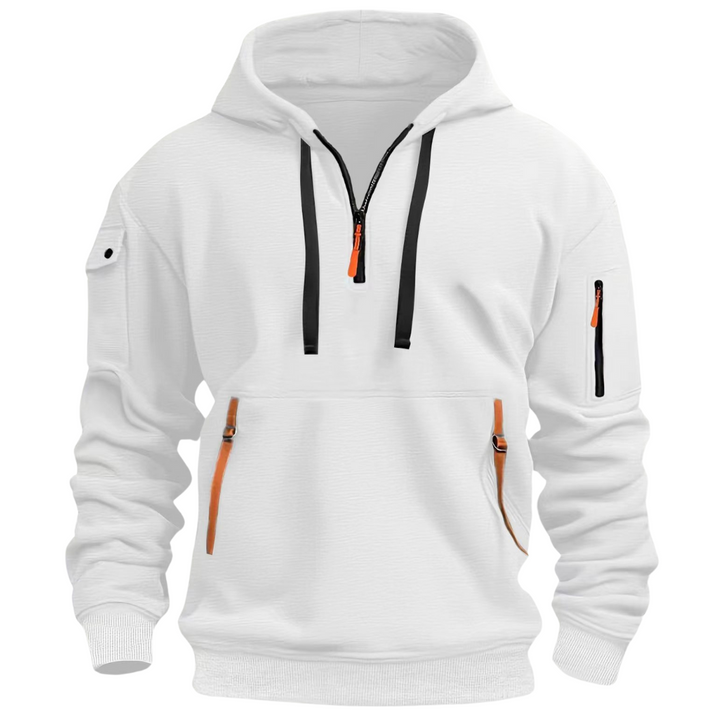 Front view of a men's long sleeve utility pocket hoodie, perfect for contemporary urban style