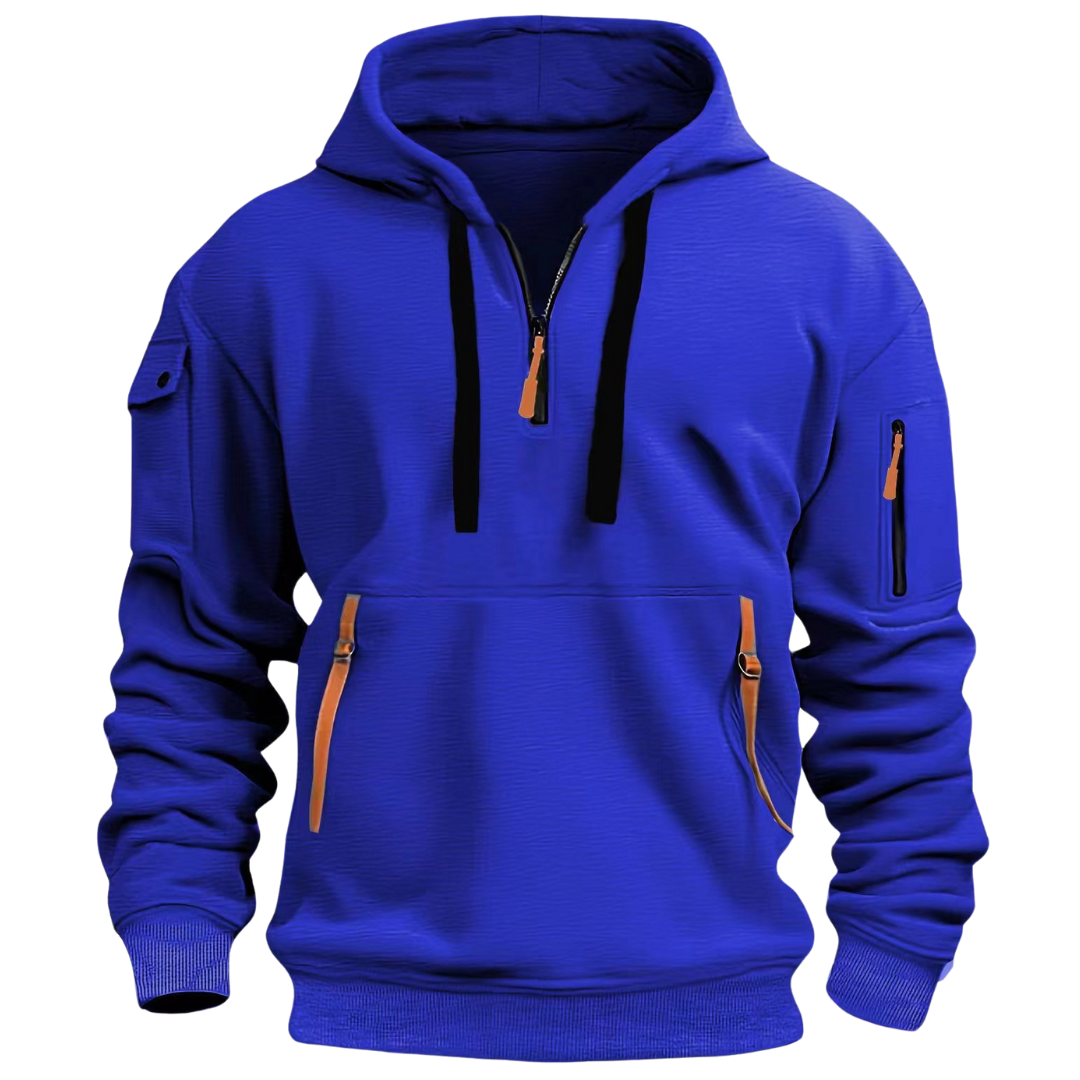 Detail of the comfortable fabric and utility pocket on a men's long sleeve zipper hoodie