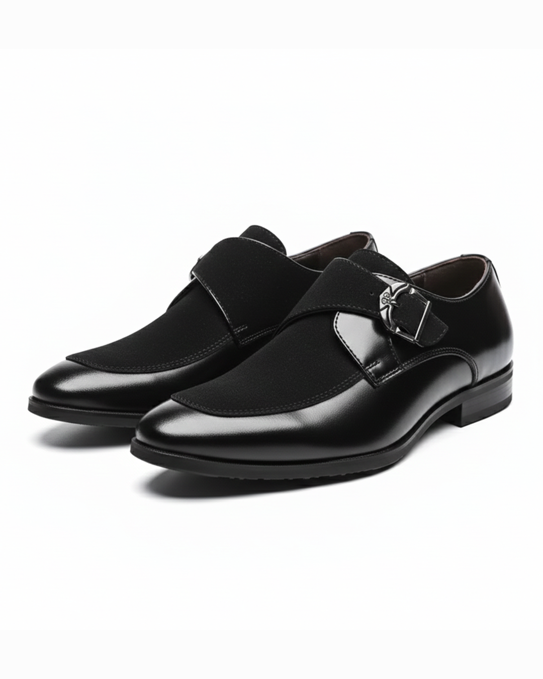 Men's black luxury leather & suede buckle loafers, ideal for formal wear and slip-on style.
