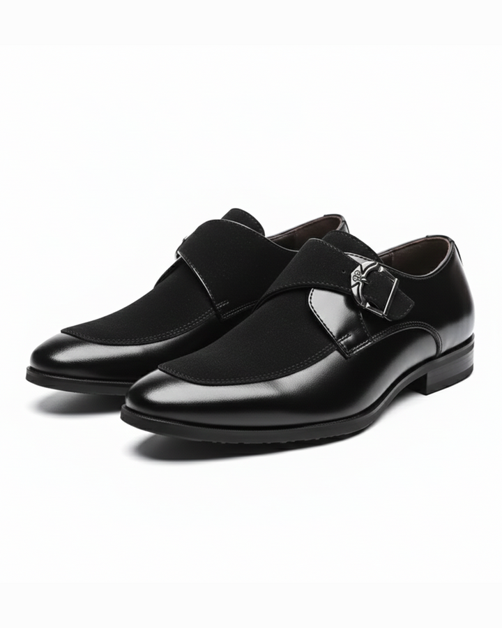Men's black luxury leather & suede buckle loafers, ideal for formal wear and slip-on style.