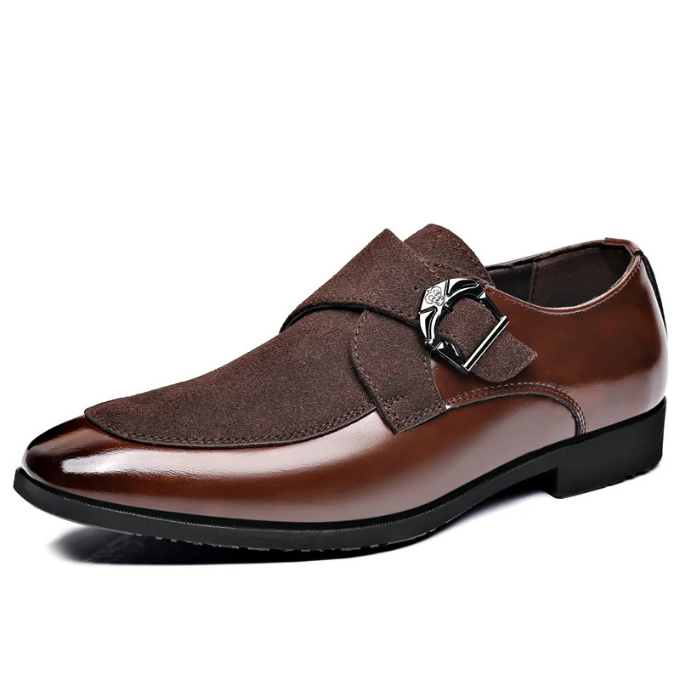 A pair of men's luxury leather & suede buckle loafers in black, suitable for various formal occasions.