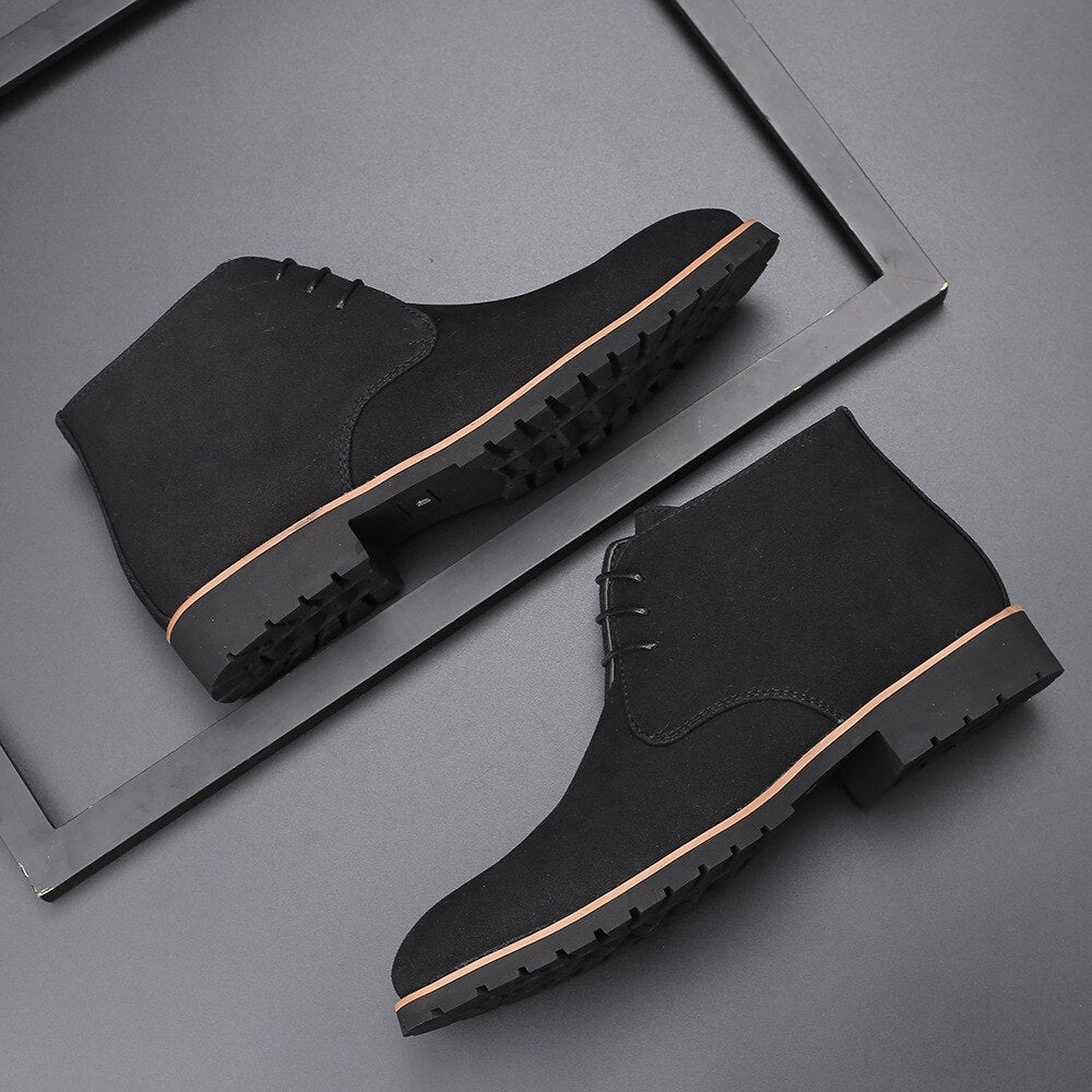 Men's black modern casual ankle lace-up boots, stylish and comfortable everyday footwear.