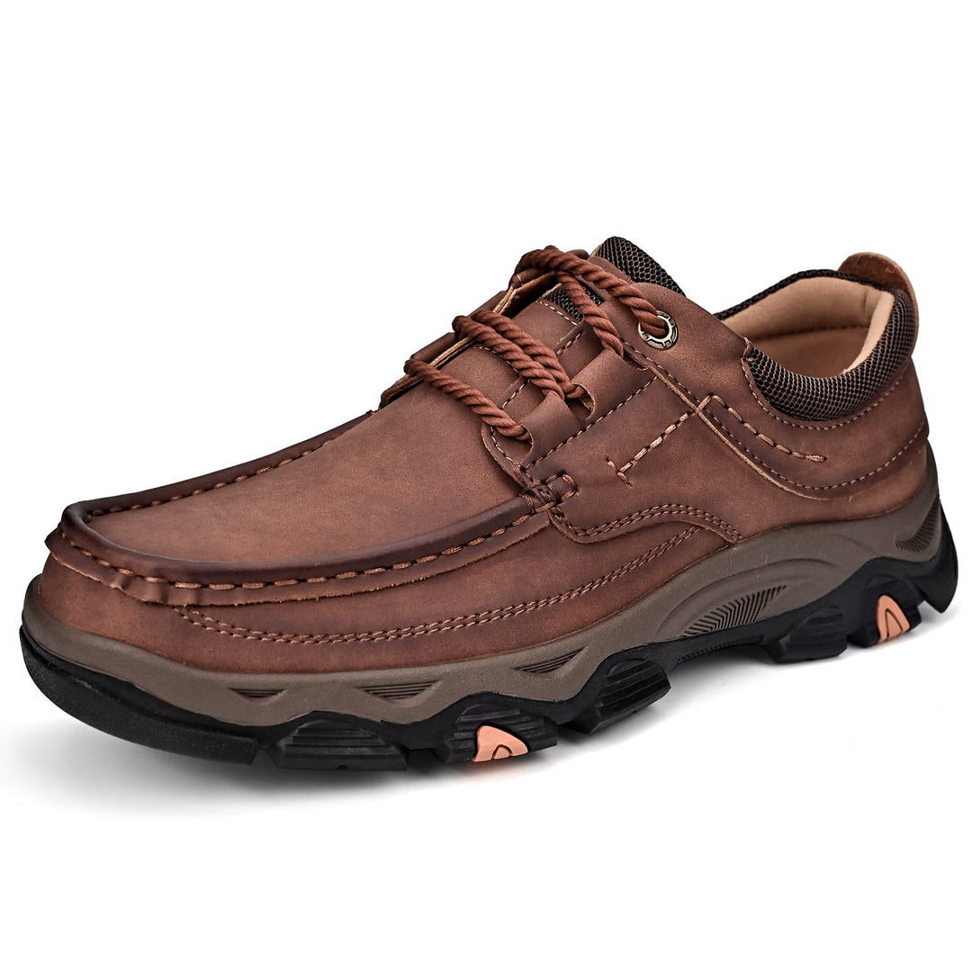 Men's black orthopedic laced loafers with arch support, side view, comfortable casual shoes
