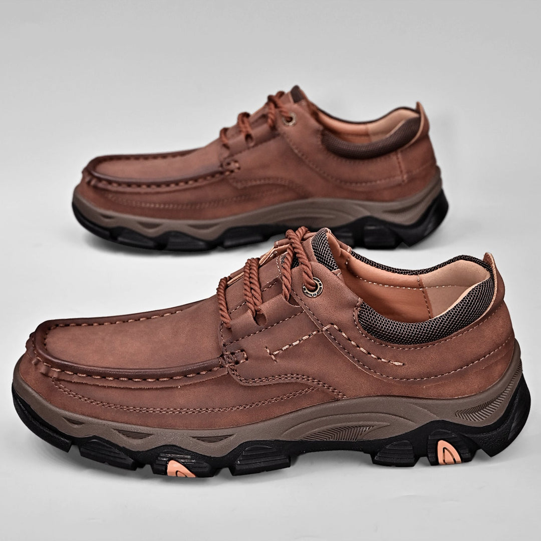 Close-up on the sole of men's orthopedic loafers, slip-resistant, arch support, posture correction