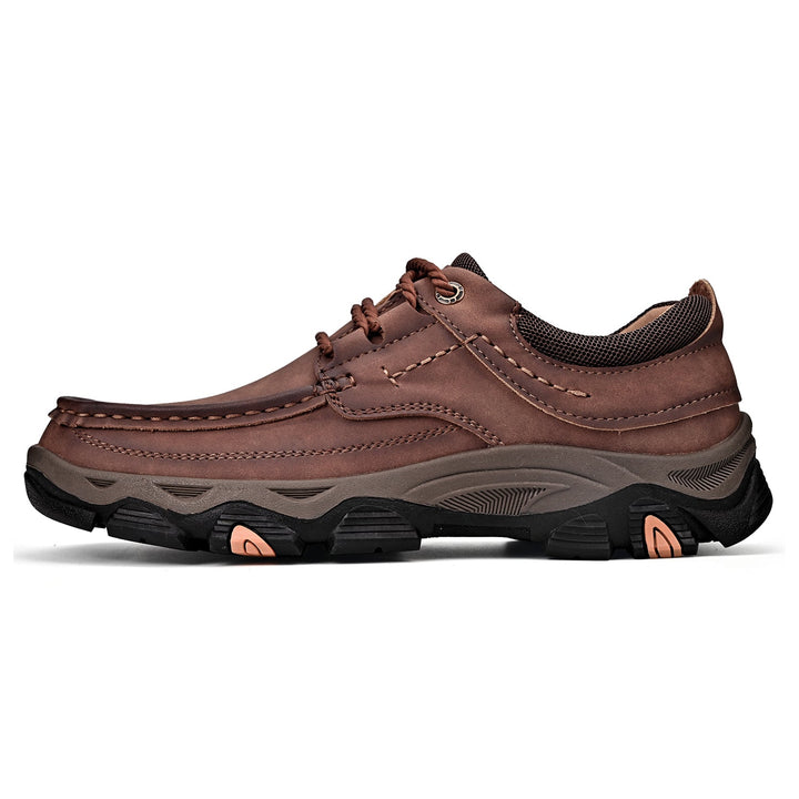 Close-up of men's brown leather orthopedic loafers, laces, arch support, slip-resistant sole