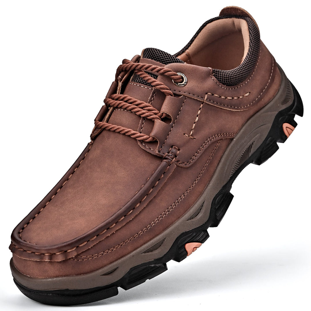 Men's grey orthopedic loafers with front laces, ergonomic arch support for comfortable everyday wear