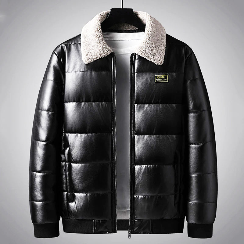 Men's black padded shearling winter jacket, combining warmth with a stylish quilted design, fleece-lined.