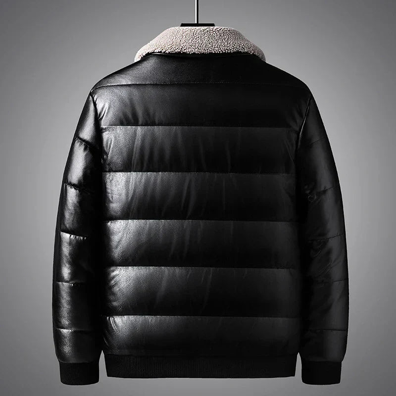 Close-up of a blue men's shearling winter jacket, showcasing the padded detail and soft fleece lining for warmth.