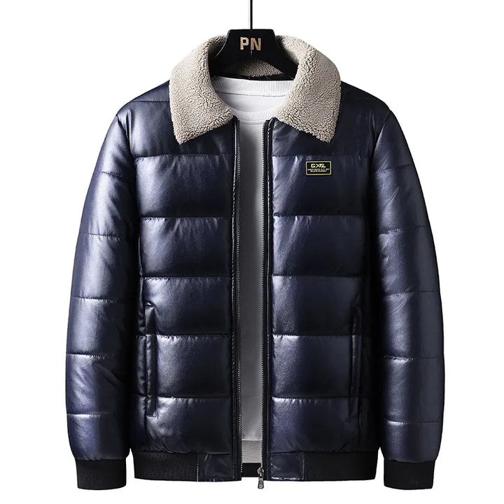 Men's padded shearling winter jacket in a black color, a warm and stylish outdoor coat with a comfortable fleece lining.