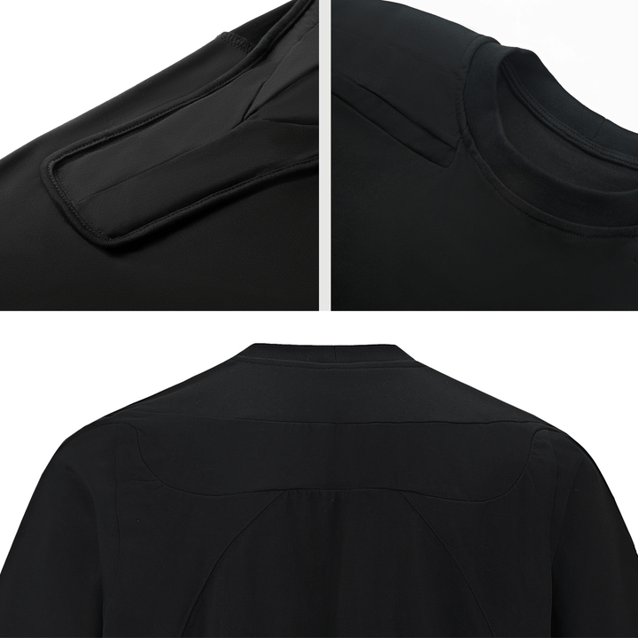 Close-up of the padded shoulder detail on a men's black muscle tee, casual-athletic style.