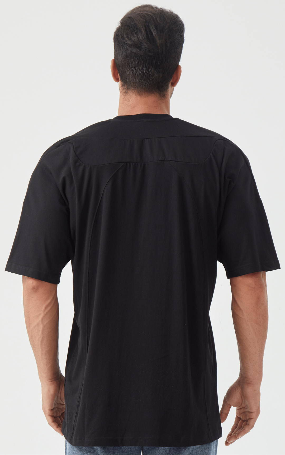 Back view of a grey Men's Padded Shoulder Muscle Tee, highlighting the comfortable cotton fabric.