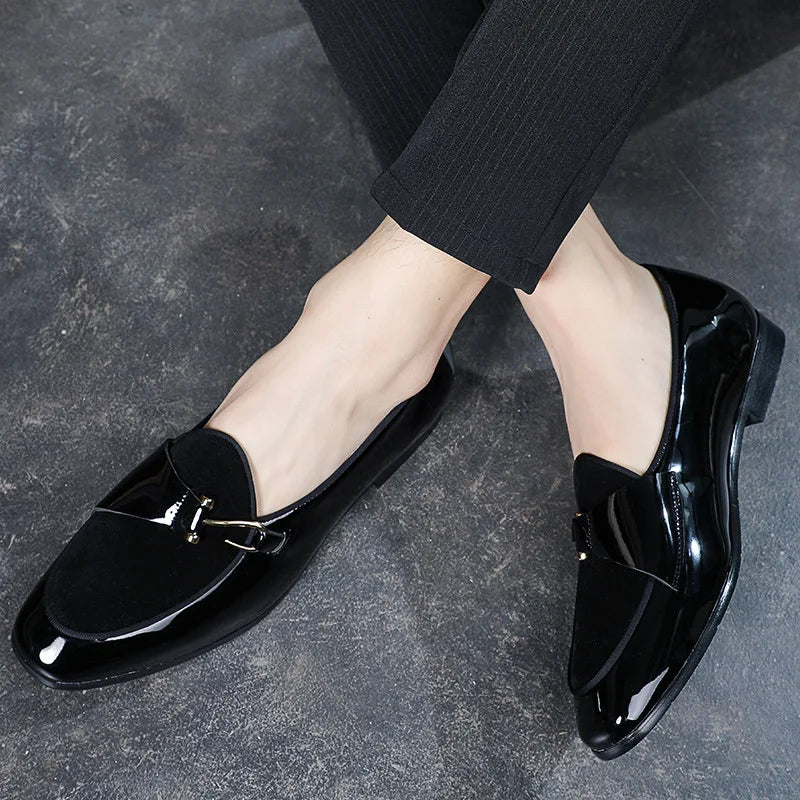 Close-up of a luxurious patent leather loafer for men, showcasing polished texture