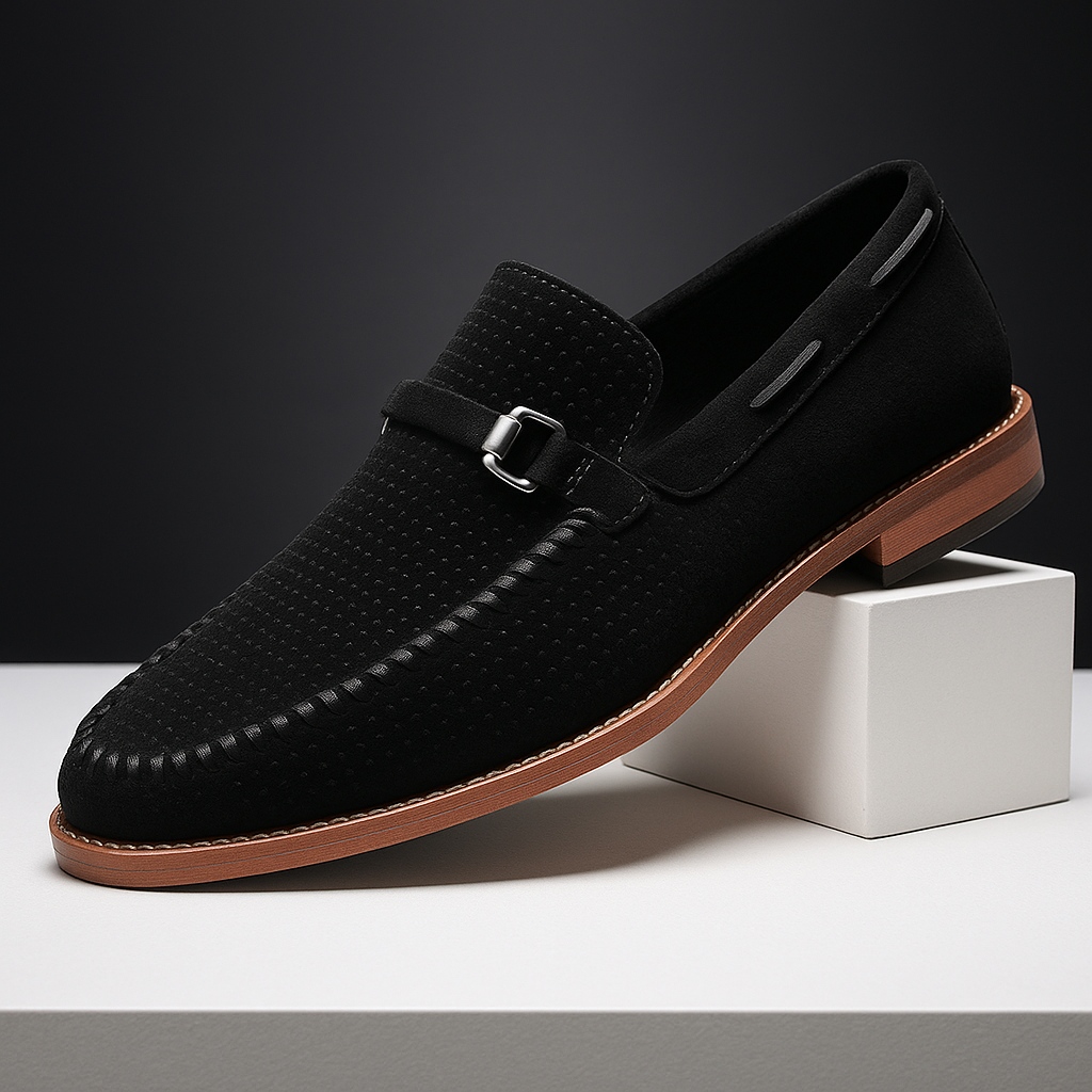 Stylish men's dress shoes: black perforated loafers with a distinctive buckle