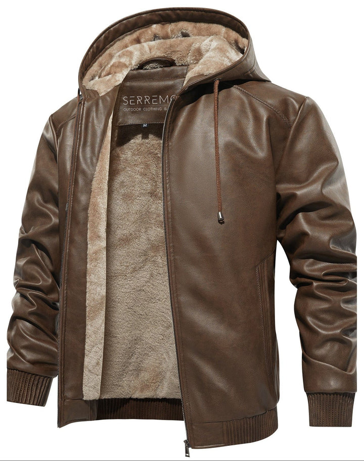 Stylish men's brown faux leather jacket with subtle plaid pattern, warm and durable