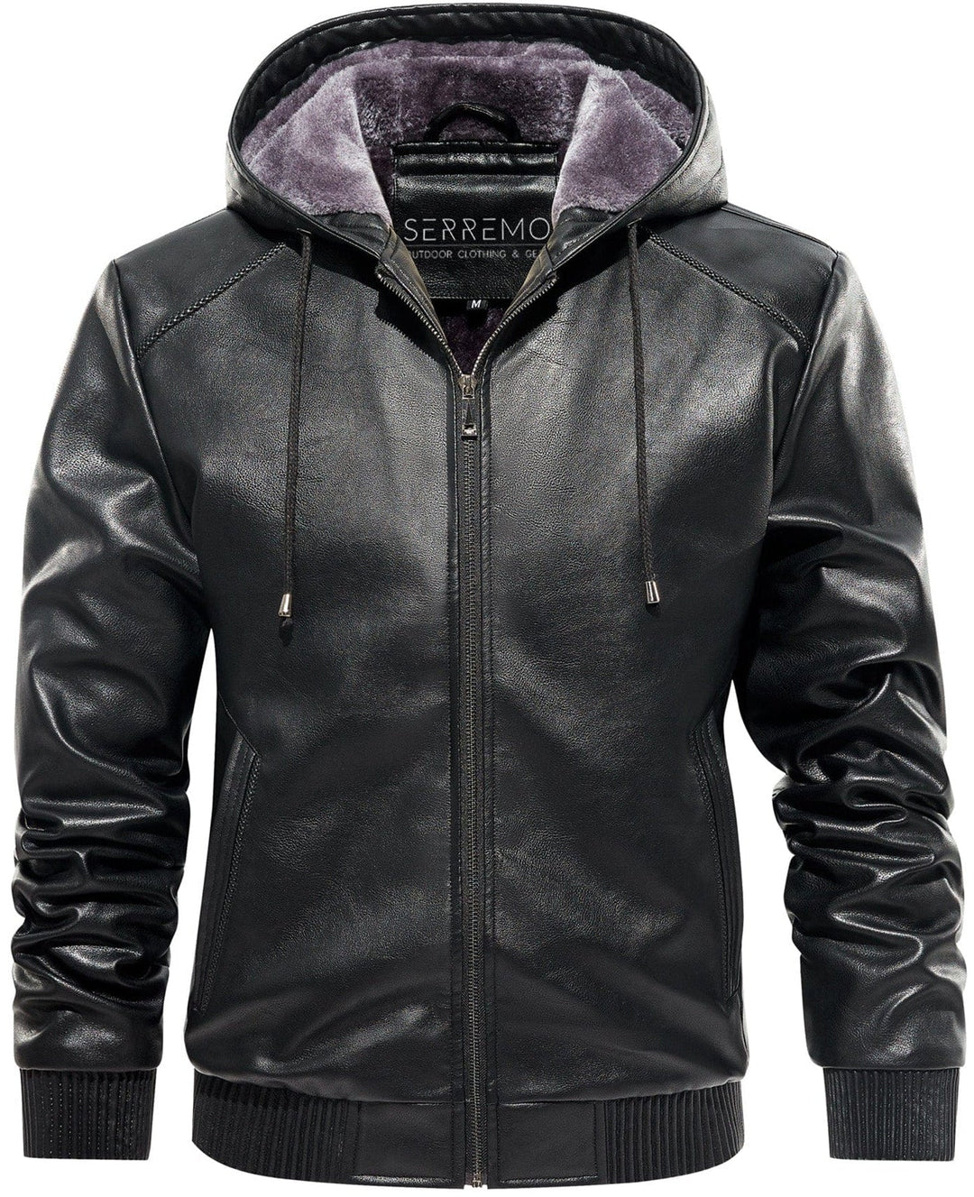 Close-up of the plaid texture on a men's faux leather jacket, perfect for winter