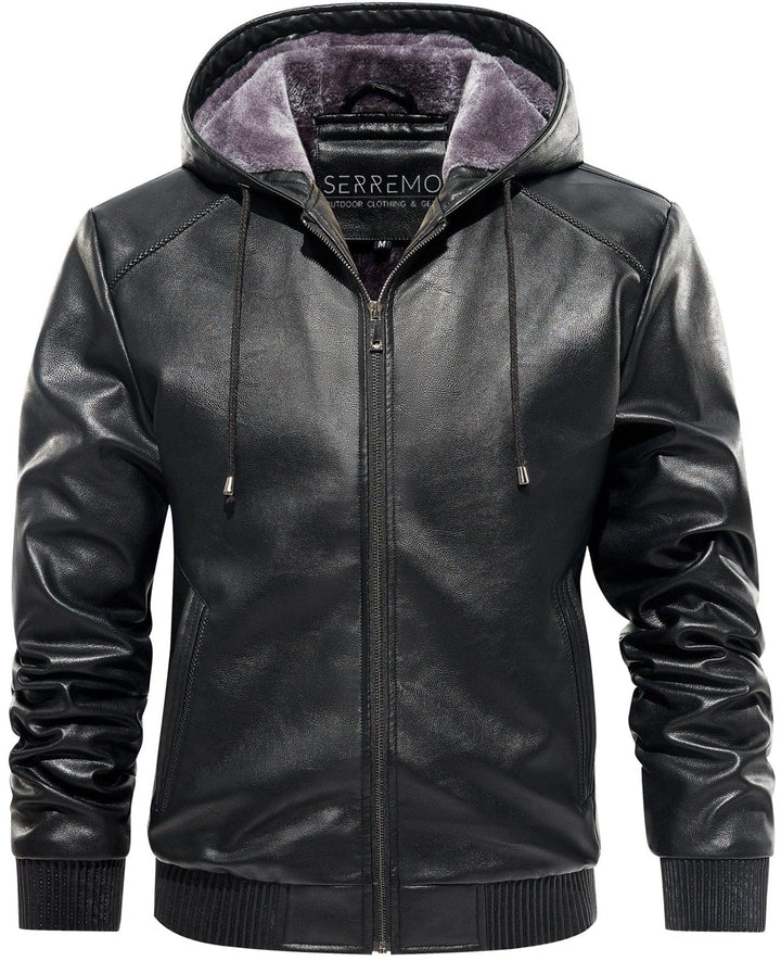 Close-up of the plaid texture on a men's faux leather jacket, perfect for winter