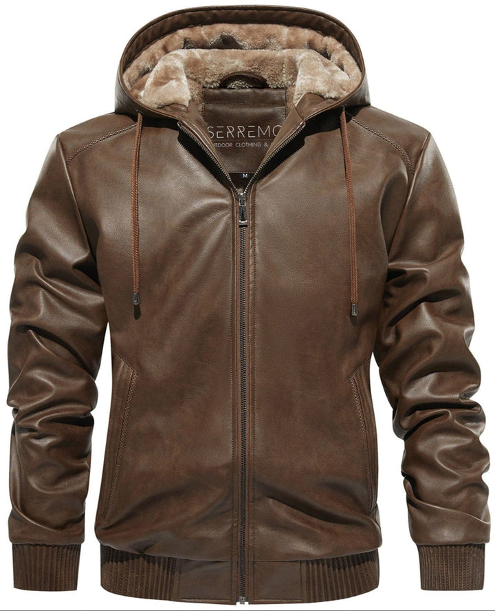 Man wearing a black plaid faux leather jacket, ideal casual outerwear for cold weather