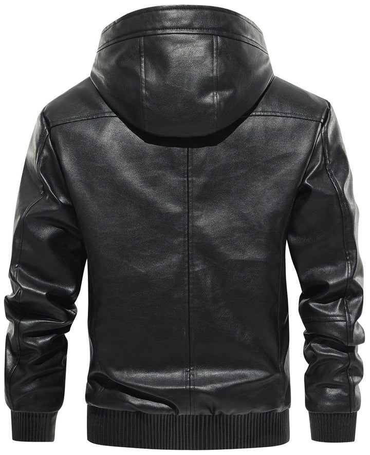 Rear view of a men's brown faux leather jacket showing plaid detail and warm design