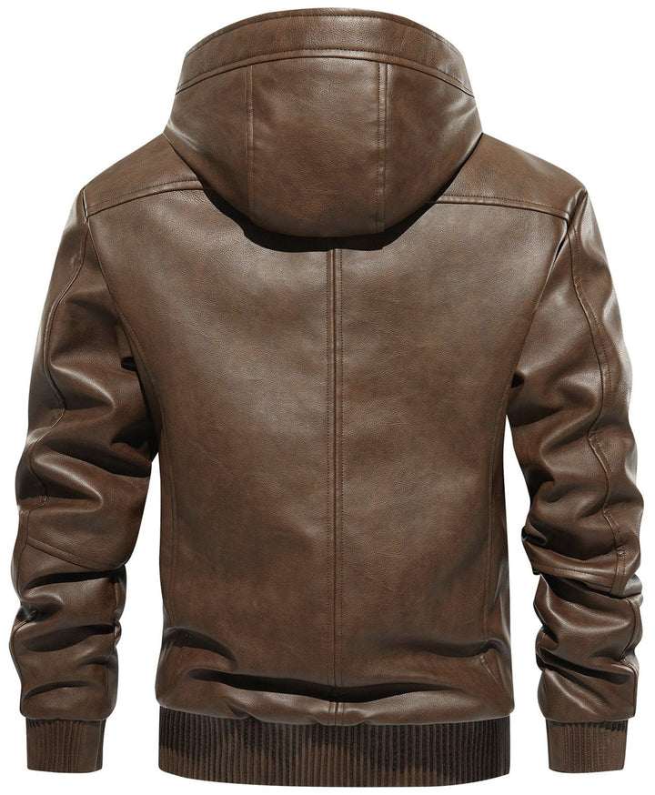 Detail of the zipper and collar on a men's plaid faux leather winter jacket